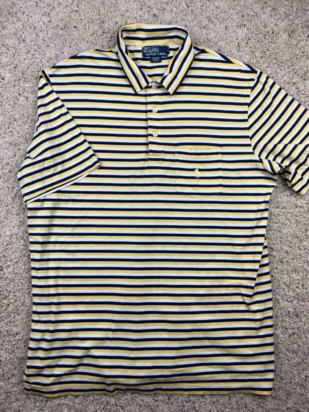 Polo Ralph Lauren Polo Shirt Large Yellow White Navy Blue Striped Yellow Pony
